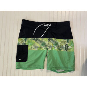 Arizona Mens XL Lined Swimming Trunks Shorts Black Green Cargo Pocket